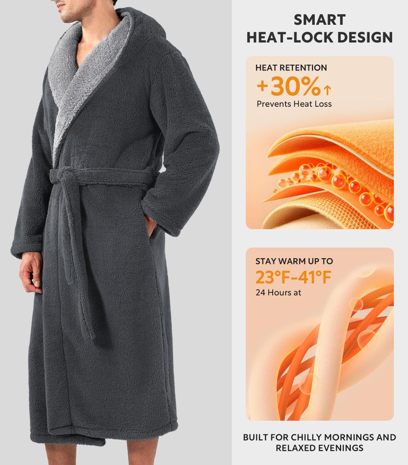 DAVID ARCHY Men's Soft Plush Fleece Robe Full Length Hooded Long Bathrobe for Men with Hood (L, Dark Gray- Shu Velveteen) - Image 3